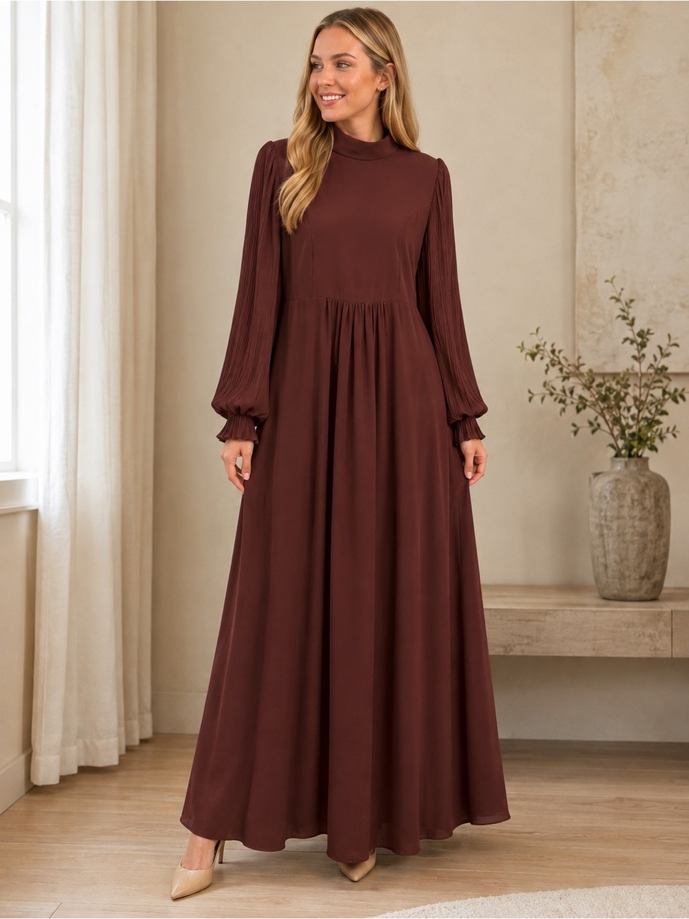 Dusty Pink Long Sleeve Maxi Dress with Pleated Sleeves